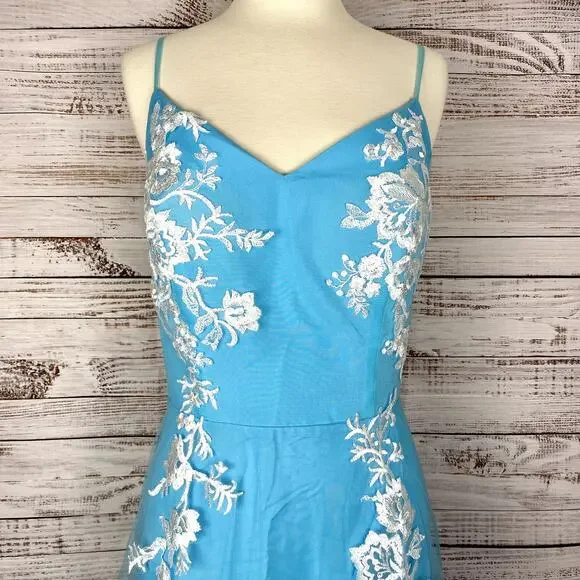 New Formal Sky Blue Flower Floral Lace Overlay Mesh Prom Wedding Gown Maxi Dress - Picture 3 of 5